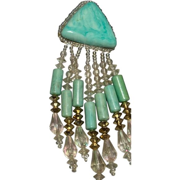 Single Vintage Turquoise Triangle Statement Earring Crystal Fringe - Picture 10 of 11